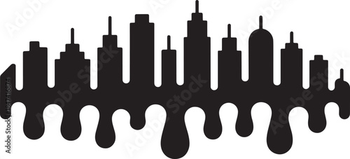 Abstract cityscape silhouette with dripping bottom black architectural lines