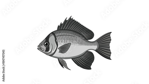 Monochromatic Aquatic Dweller with Detailed Fins and Scales Isolated on a White Background