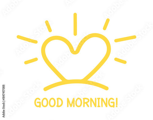 Yellow hand drawn heart with sun rays and text 'Good Morning!'