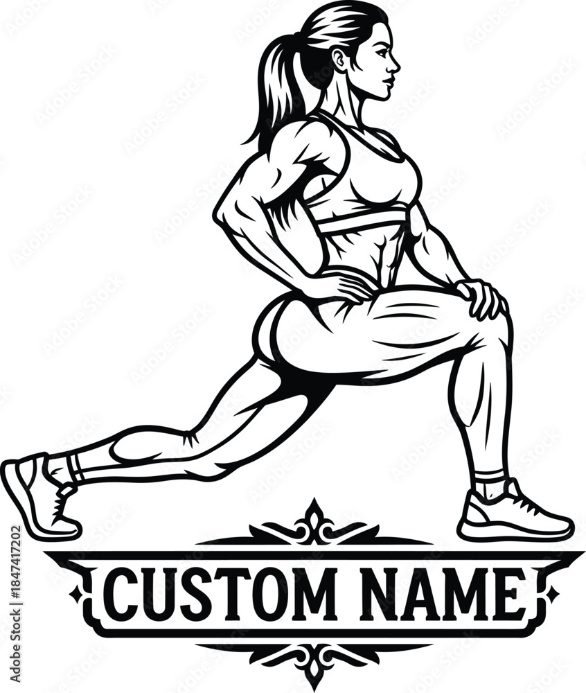 Fototapeta premium Fitness woman lunging vector illustration of a muscular female athlete training isolated on white background for gym workout and bodybuilding health logo design.