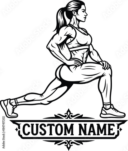 Fitness woman lunging vector illustration of a muscular female athlete training isolated on white background for gym workout and bodybuilding health logo design.