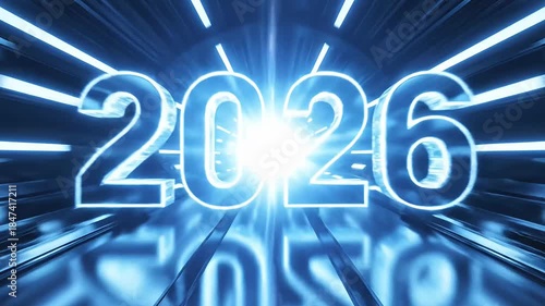 This dynamic, futuristic animation depicts a virtual camera rapidly accelerating through a sleek, neon-lit tunnel, culminating in a bright light. The glowing numbers 