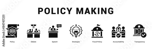 Policy Making Modern and clean web banner illustration featuring thematic icons for visual communication