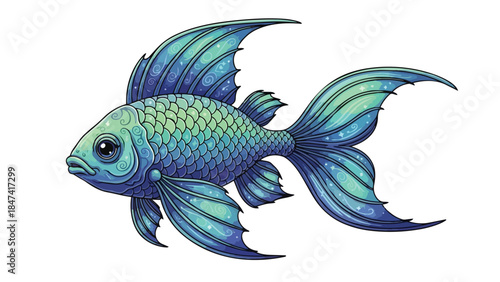 An Enchanting Blue and Green Ornamental Fish with Intricate Swirling Patterns and Starry Accents