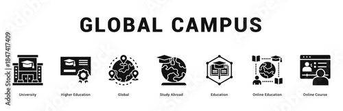 Global Campus Modern and clean web banner illustration featuring thematic icons for visual communication