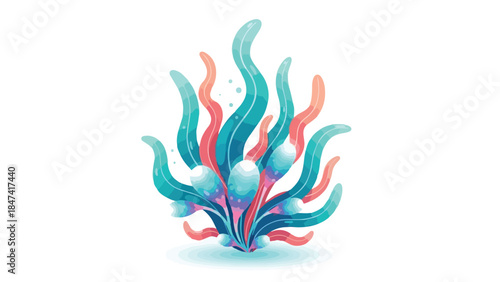 Vibrant Aquatic Flora Illustration Featuring Wavy Teal and Coral Fronds with Glowing Pods