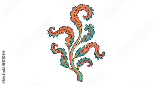 Intricate ornamental flourish with vibrant hues of coral and teal creating a dynamic organic form