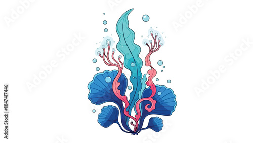 Vibrant underwater flora featuring flowing kelp and coral-like branches with delicate bubbles