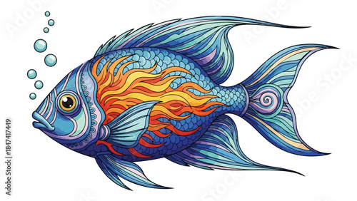 Whimsical aquatic creature with fiery dorsal fins and flowing aquatic tail intricate patterns and bubbles