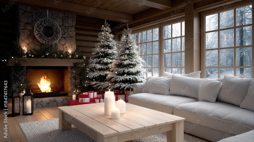 Fototapeta premium Cozy luxurious Christmas living room with snowy trees, fireplace, candles, gifts, and large windows, creating warm festive atmosphere