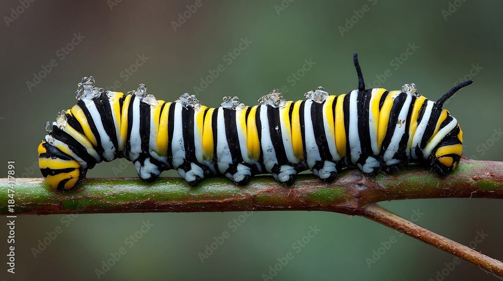 Naklejka premium A vibrant green monarch butterfly larva exhibits a macro eating a plant leaf during its natural metamorphosis