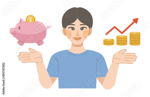 貯金が増えて笑顔になる男性のイラスト