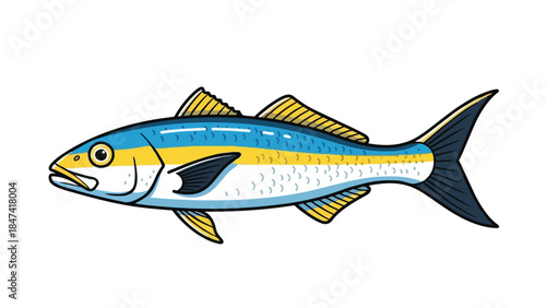 Stylized Illustration of a Vibrant Blue and Yellow Striped Fish with Detailed Fins and Tail Against a White Background
