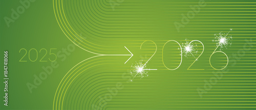 2025 change into 2026 with green line art design numbers and sparkle firework on green background. Concept of new year transition, innovation, goal setting, direction and strategic planning