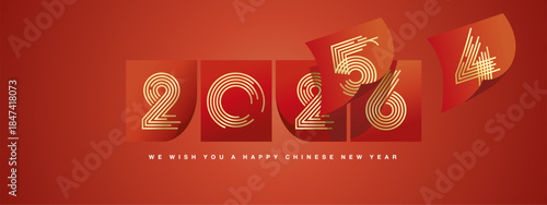 Happy Chinese New Year 2026 greeting card design template on red background. Year of Snake 2025 Dragon 2024 have passed. New Year of Horse 2026 start. Calendar pages turn in the wind new year begins