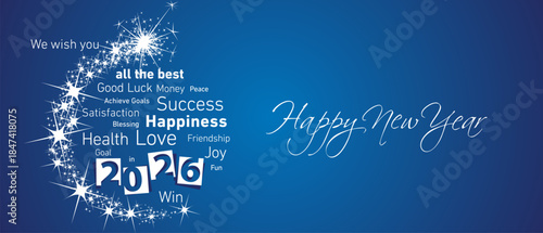 Happy New Year 2026 white negative space numbers abstract stars shaped christmas ball ornament wordcloud text white blue background vector greeting card