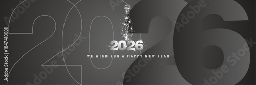 We wish you a Happy New Year 2026 sparkler firework shining silver black greeting card with silhouette numbers from outline to fully shaded black background in the shape of 2026 year