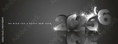 We wish you a Happy New Year 2026, modern design, with 3D black exploding glitter sparkle fireworks for 2025 and 2026 is comming in black background