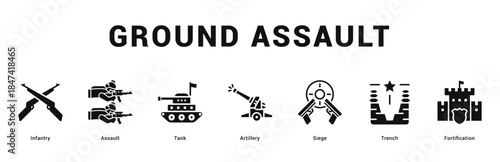 Ground Assault Modern and clean web banner illustration featuring thematic icons for visual communication