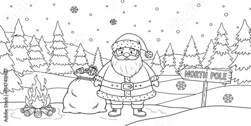 Santa claus standing in a snowy winter scene with trees