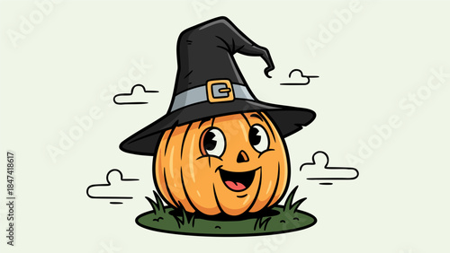 A cute cartoon pumpkin wearing a witch hat on a grassy patch with stylized clouds.