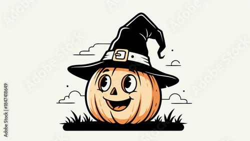 A cheerful cartoon pumpkin wearing a witch's hat, set against a simple background with clouds.