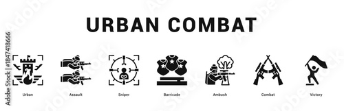 Urban Combat Modern and clean web banner illustration featuring thematic icons for visual communication