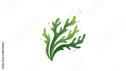Vibrant green aquatic plant illustration with swirling leaves and floating particles