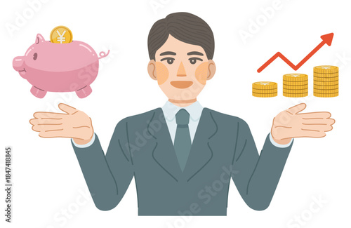 スーツ姿の男性が、貯金が増えて笑顔になっているイラスト