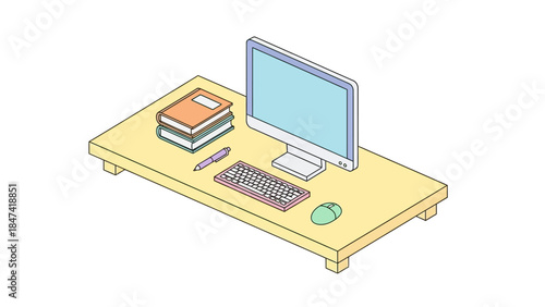 minimalist computer workstation setup with books, keyboard, mouse and monitor on a simple desk