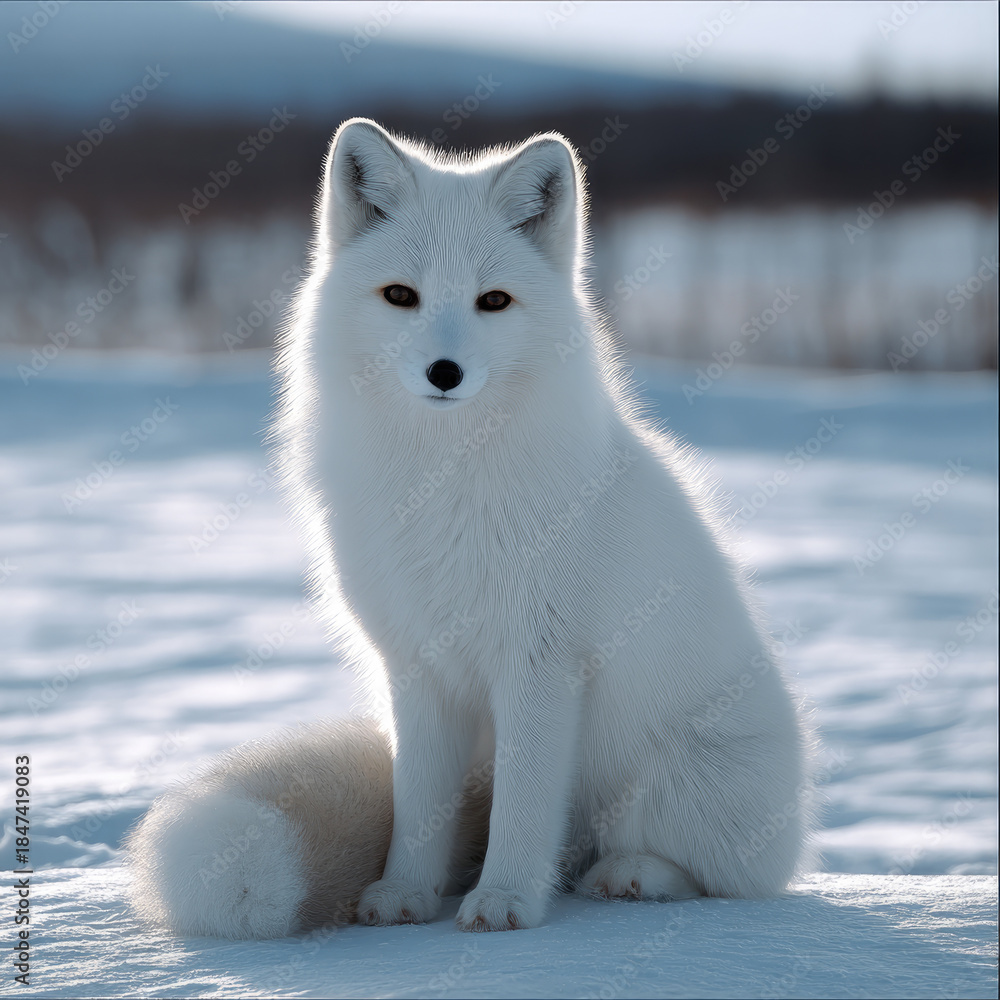 Obraz premium White fox sitting in snowy landscape, fluffy fur, alert expression, winter scene, cold weather, arctic environment, natural beauty