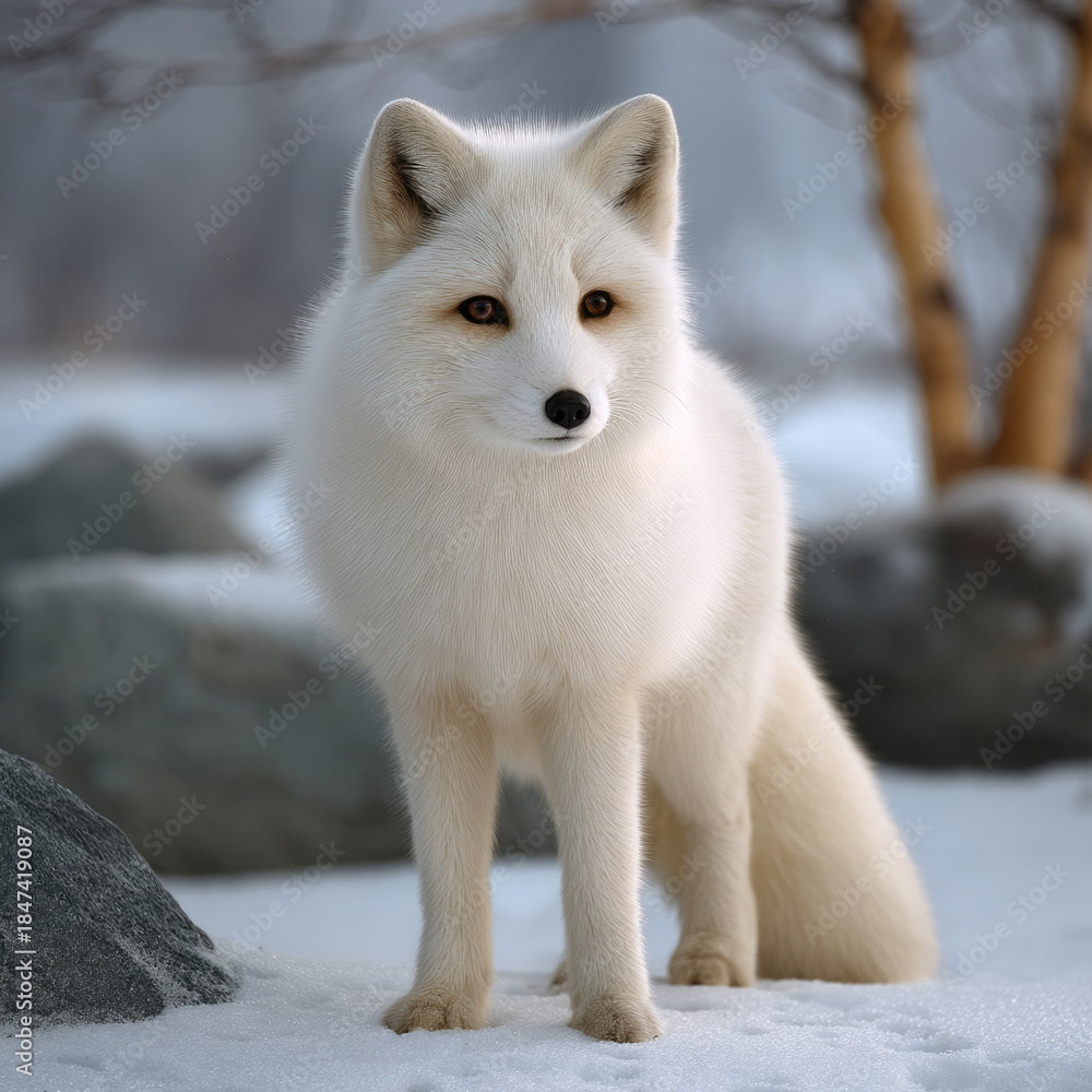 Obraz premium White fox standing on snowy ground with fluffy fur, alert expression, winter landscape, soft natural light, peaceful atmosphere
