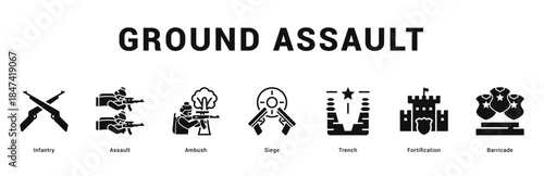 Ground Assault Modern and clean web banner illustration featuring thematic icons for visual communication