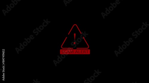 A high-impact digital dynamic animation featuring a scam alert symbol with exclamation mark, and system vulnerabilities data protection.Cyber and internet security awareness on black background.