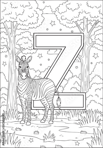 Zebra in forest with number seven, outline art for children's coloring book, educational wildlife activity