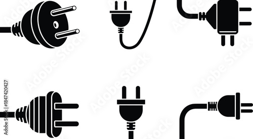 Black and white electrical plug icons set, minimalist power cable and socket silhouettes for technology and electricity design
