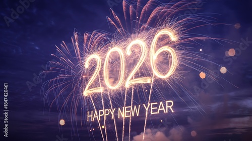 Fireworks spelling 2026 and Happy New Year against a dark sky background celebration 1