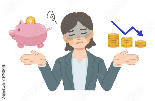 貯金がなかなか増えない、スーツ姿の女性のイラスト