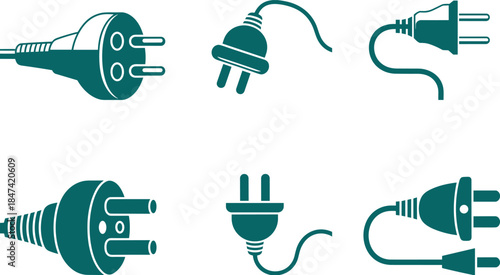 Black and white electrical plug icons set, minimalist power cable and socket silhouettes for technology and electricity design