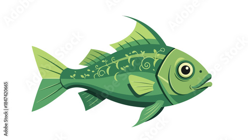 Whimsical Green Fish with Delicate Floral Swirls and Leafy Accents