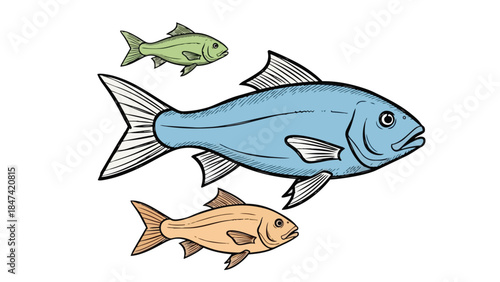 Illustrative depiction of three aquatic creatures swimming in unison against a stark white background showcasing diverse fin structures and body