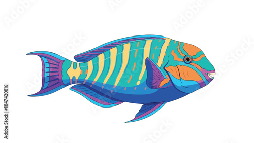 Vibrant and Colorful Parrotfish Illustration with Striking Teal, Yellow, and Orange Patterns