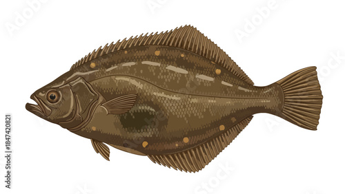 Illustration of a Flatfish Species with Detailed Scales and Fins Against a White Background