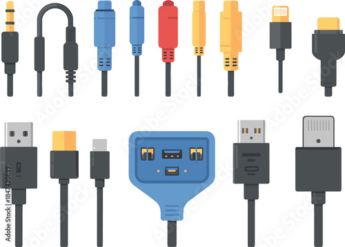 Computer cable and connector set with USB HDMI audio plugs, flat vector illustration for technology and digital devices