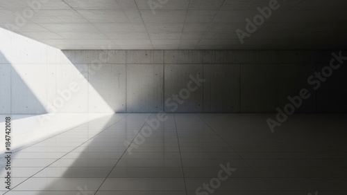 Minimalist architectural interior with bright angled light in a modern hallway