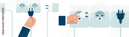 Hand plugging electrical cable into wall socket, power outlet connection sequence illustration for electricity safety and energy concept