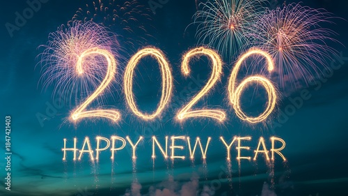 Fireworks spelling 2026 and Happy New Year against a dark sky background celebration 3