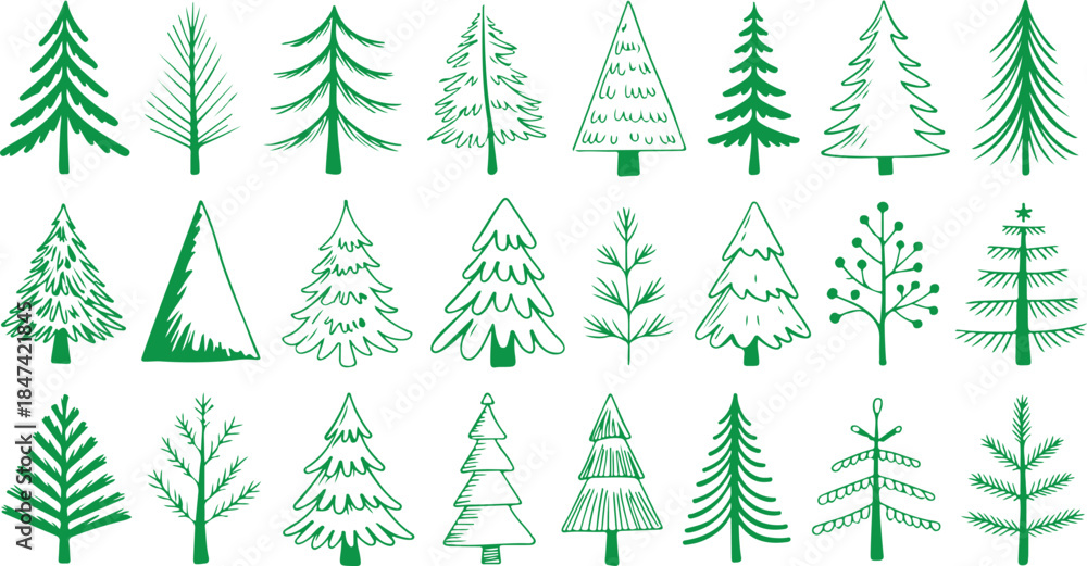 Fototapeta premium Green Line Art Christmas Tree Doodle Vector Collection