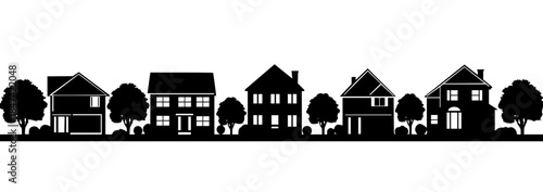 Vector silhouette of a suburban neighborhood street with residential houses and trees background.