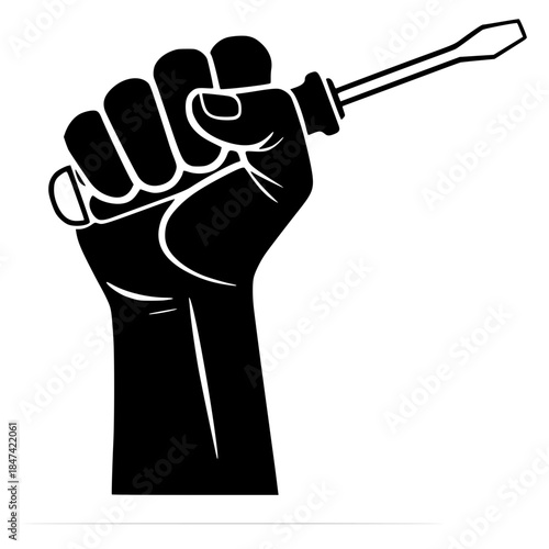 Bold black silhouette of a clenched fist holding a screwdriver. Represents manual labor, repair, construction, DIY, craftsmanship, worker rights, and technical strength.